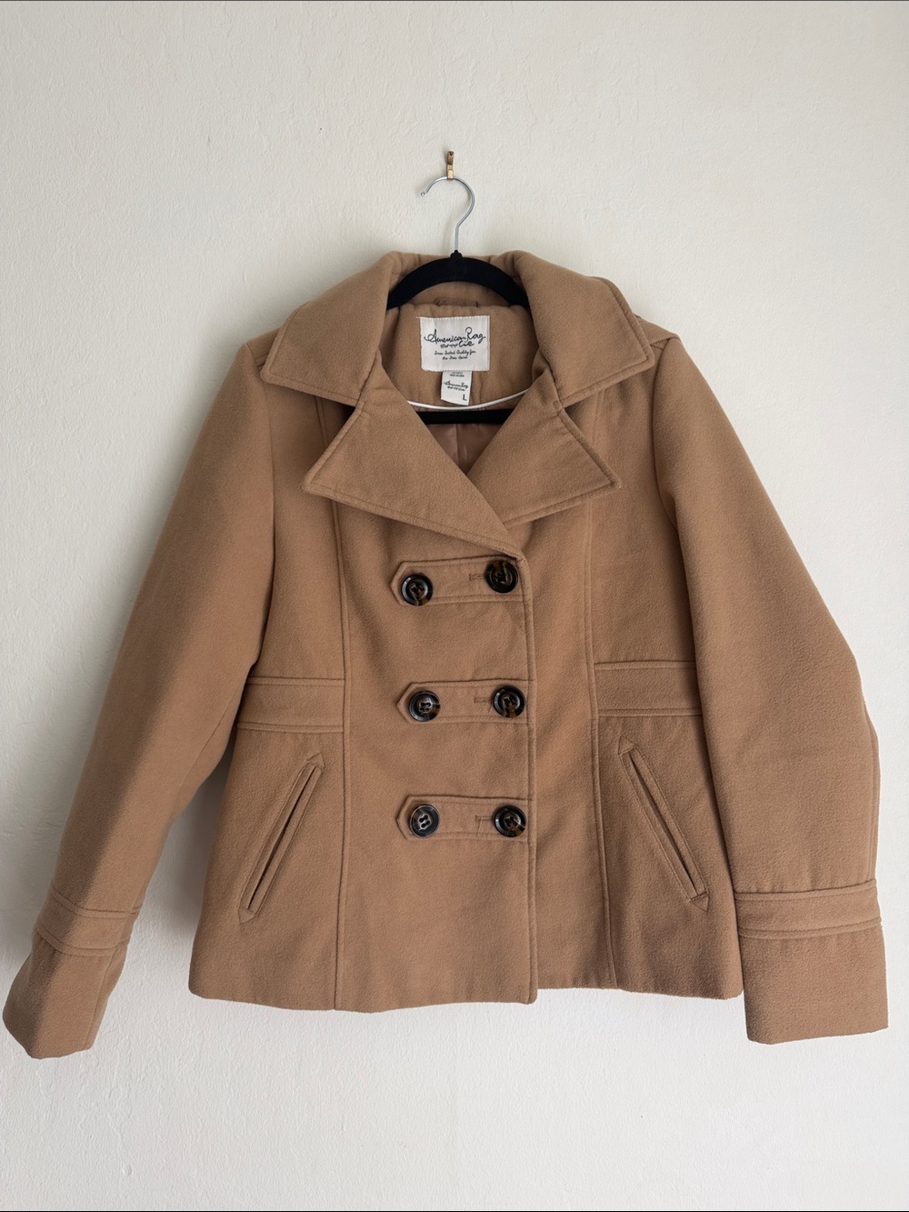 American Rag Camel Tan Hooded Double Breasted Pea Coat Jacket Size L